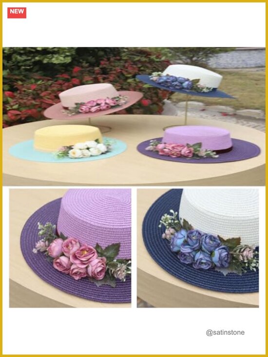 Handmade Wide Brim Sun Straw Hat with Flower - UV Protection, Foldable